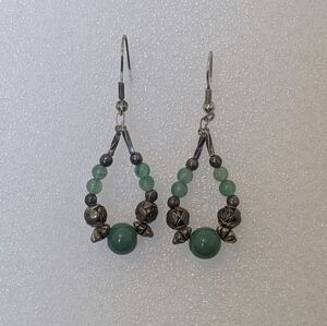 Vintage Liquid Sterling Silver Genuine Jade Rose Bead 2.25" Dangle Earrings